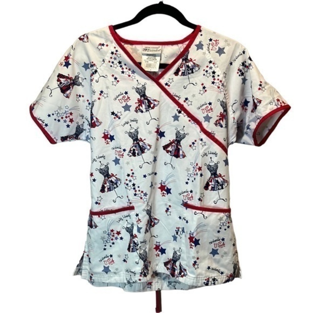 Fourth of July Patriotic Red, White and Blue Scrubs Top Size Small